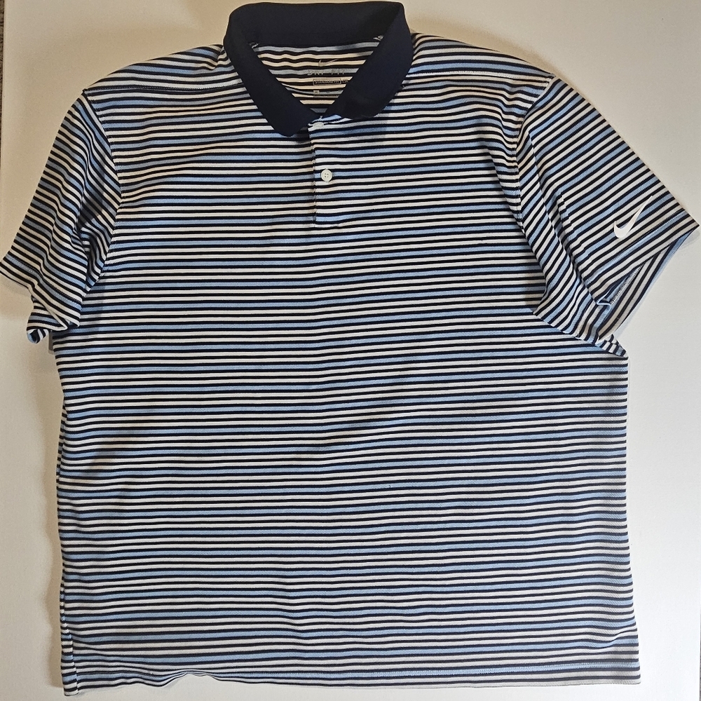 Nike Mens Polo Dri-Fit XL Blue White Striped Golf‎ Ready Preppy Loungewear Shirt